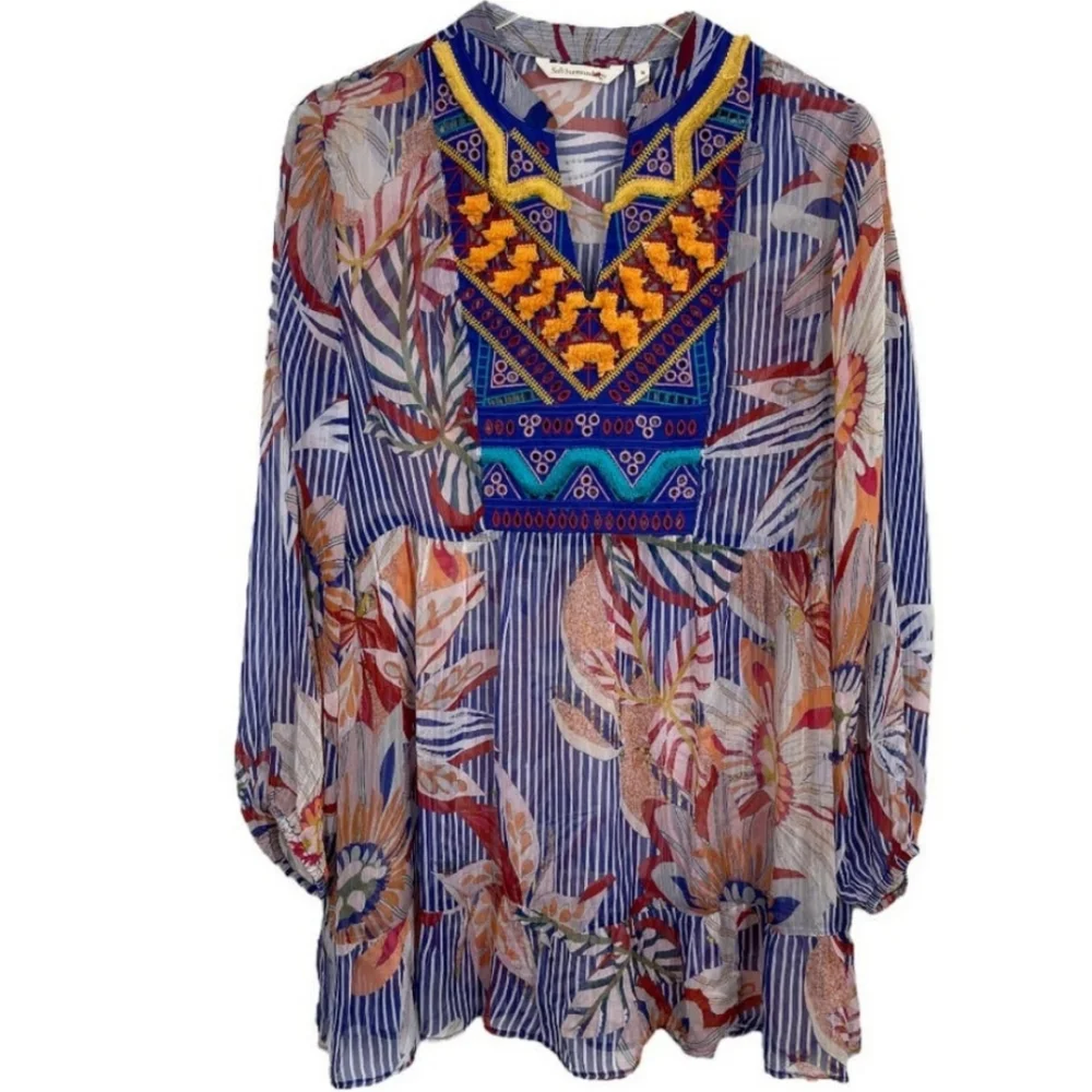 Soft Surroundings Tory Tunic Boho Floral Stripe Print Top Tassel Sheer Sz Large - Picture 3 of 15